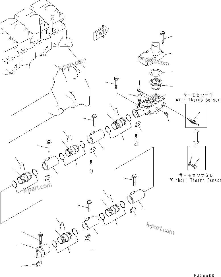 Komatsu parts book diagram for 6D125-1W S/N 10001-UP: WATER MANIFOLD AND THERMOSTAT(#10001-18199)