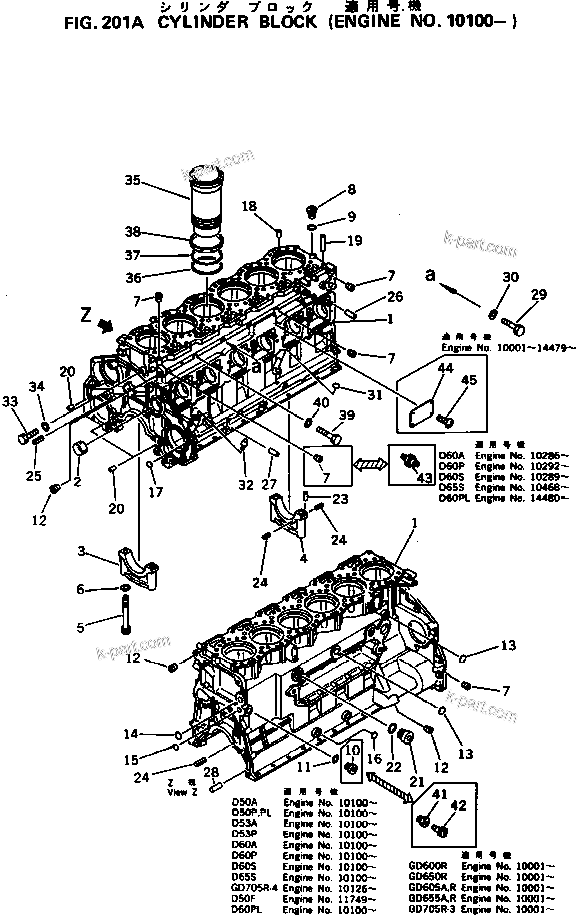 Komatsu parts book diagram for 6D125-1M S/N 10001-UP: CYLINDER BLOCK(#10100-)