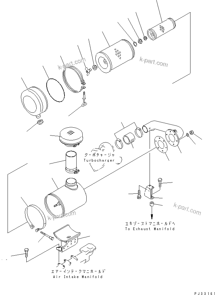 Komatsu parts book diagram for 6D125-1J S/N 10001-UP: AIR CLEANER AND MONTING (WITH TURBOCHARGER)