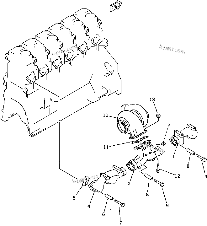 Komatsu parts book diagram for 6D125-1J S/N 10001-UP: EXHAUST MANIFOLD AND TURBOCHARGER (WITH TURBOCHARGER)