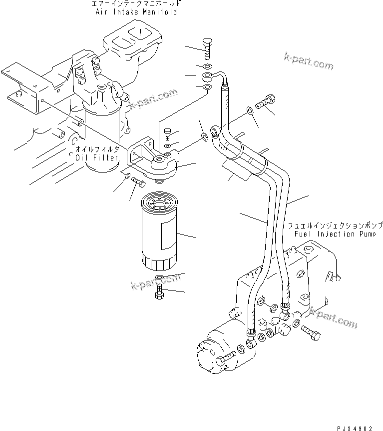 Komatsu parts book diagram for 6D125-1J S/N 10001-UP: FUEL FILTER AND PIPING