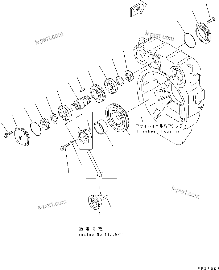 Komatsu parts book diagram for 6D125-1A-EA S/N 10001-UP: POWER TAKE OFF (1/2)