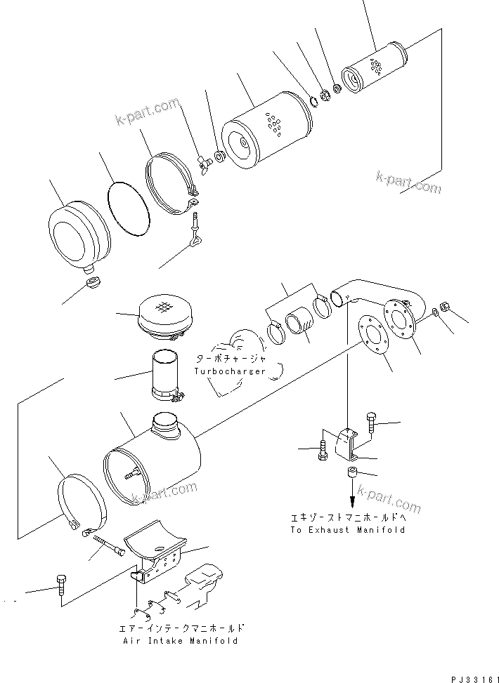 Komatsu parts book diagram for 6D125-1J-EA S/N 10001-UP: AIR CLEANER AND MOUNTING (WITH TURBOCHARGER)