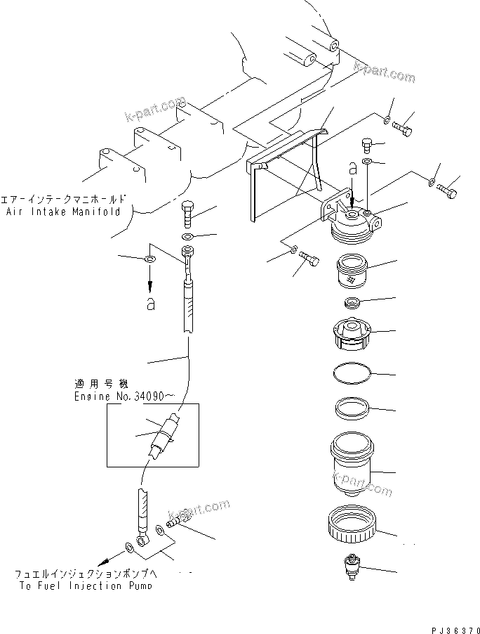 Komatsu parts book diagram for 6D125-1J-EA S/N 10001-UP: WATER SEPARATOR AND MOUNTING (WITH TURBOCHARGER)(#11813-)