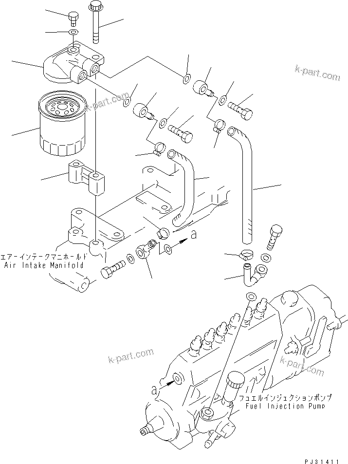 Komatsu parts book diagram for 6D95L-1U S/N 23421-UP: FUEL FILTER AND MOUNTING