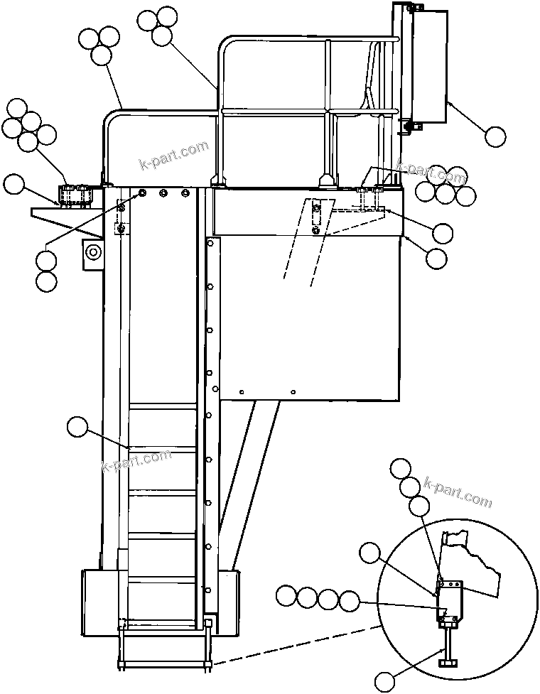 Komatsu parts book diagram for AFE32-BA 830E                 ARCH MINERAL: LEFT DECK, HANDRAIL & LADDER