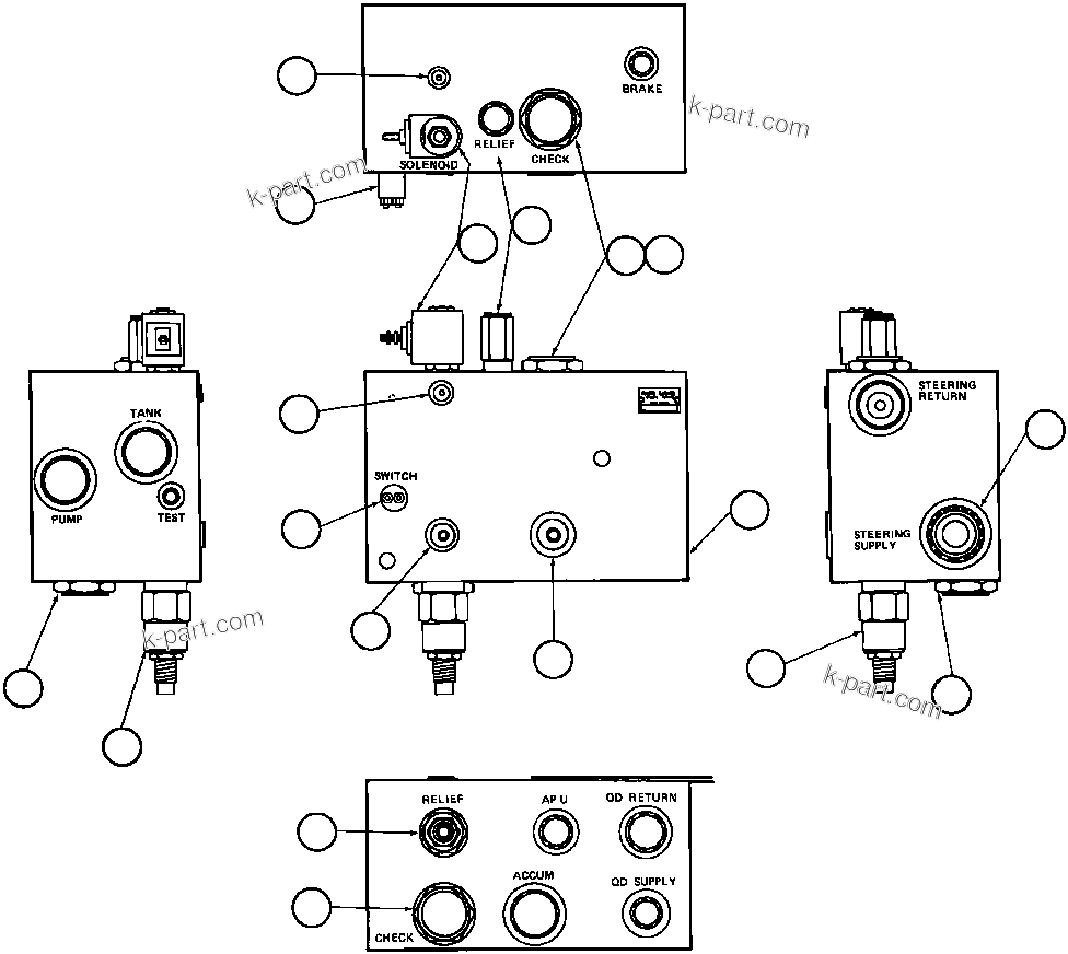 Komatsu parts book diagram for AFE32-BA 830E                 ARCH MINERAL: BLEEDDOWN MANIFOLD VALVE ASSM (PB6923)