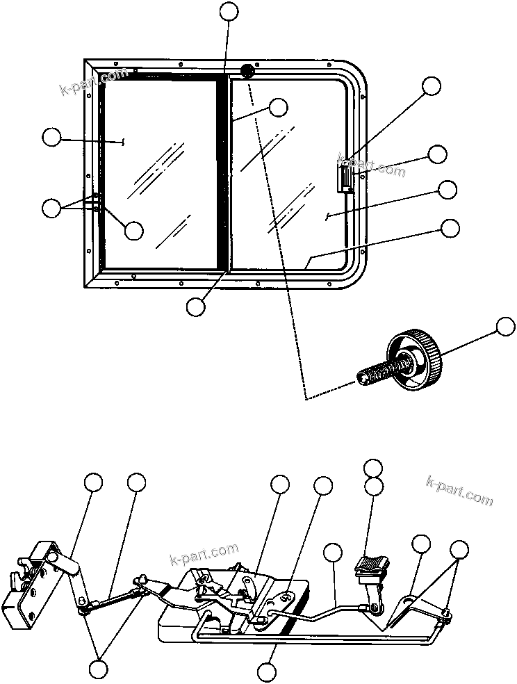 Komatsu parts book diagram for AFE32-BA 830E                 ARCH MINERAL: DOOR LINKAGE & SLIDING WINDOW