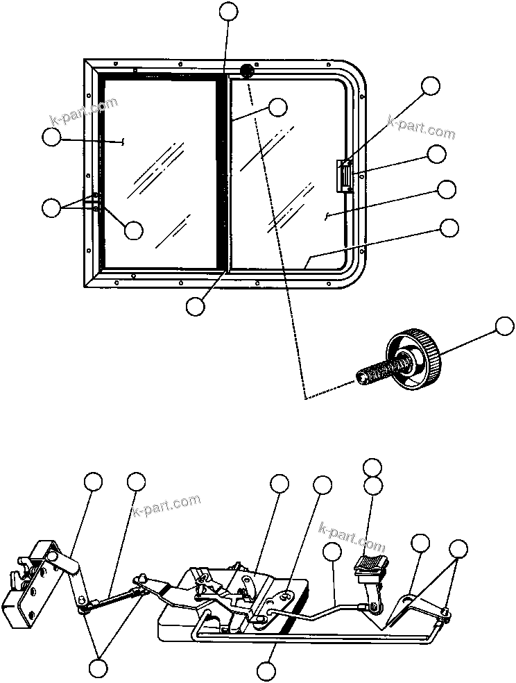 Komatsu parts book diagram for AFE32-ED 830E                 COLLAHUASI: DOOR LINKAGE & SLIDING WINDOW