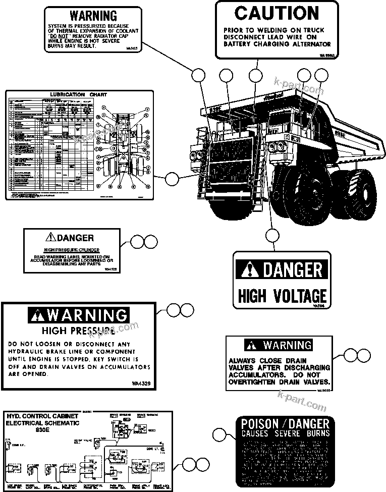 Komatsu parts book diagram for AFE32-FA 830E                 COLLAHUASI: DECAL & WARNINGS - 1 (SPANISH)