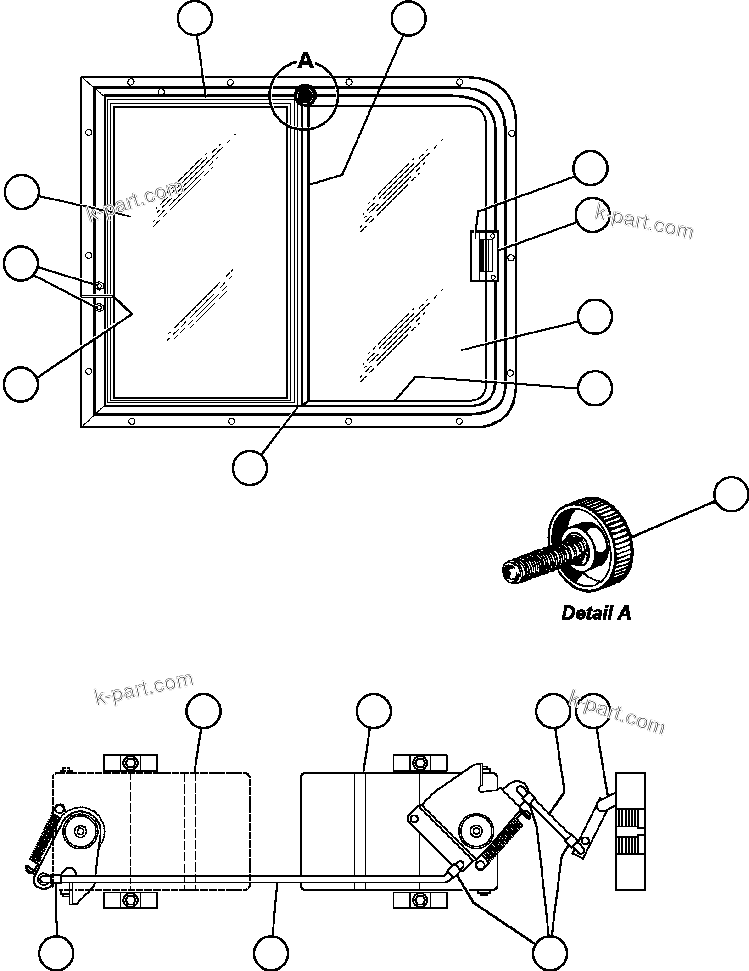 Komatsu parts book diagram for AFE42-GA 630E GLIDER KIT - AK5157 S/N GAE2209 & UP      MAGNUM HOBET: DOOR LINKAGE & SLIDING WINDOW