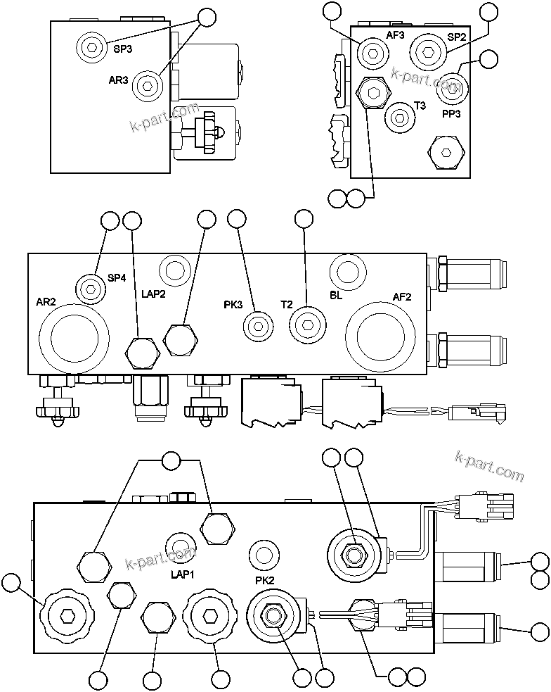 Komatsu parts book diagram for AFE47-AD 730E                SISHEN (A30095 & A30098): BRAKE MANIFOLD - TWO CIRCUIT (PC0080)