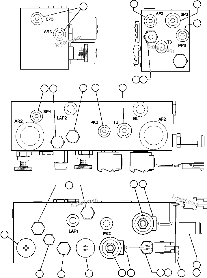 Komatsu parts book diagram for AFE47-BS 730E S/N A30220-A30224   PAMA: BRAKE MANIFOLD - TWO CIRCUIT (PB9654)