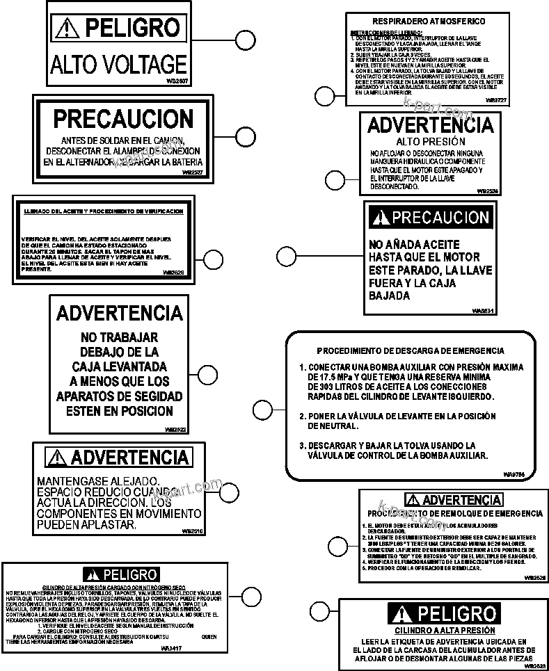 Komatsu parts book diagram for AFE47-BV 730E S/N A30229, A30231, A30236-A30237    CVG: DECALS & WARNINGS (SPANISH)