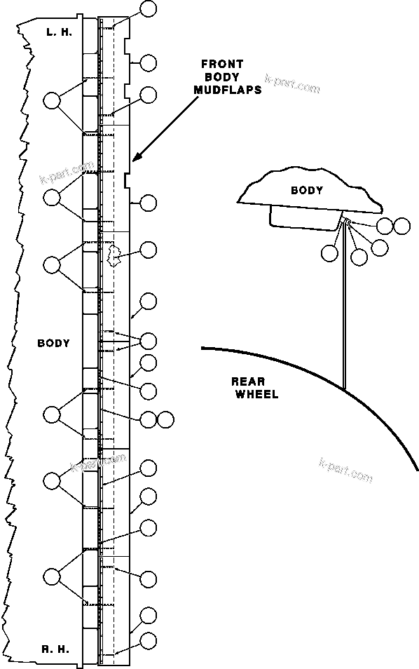 Komatsu parts book diagram for AFE47-BV 730E S/N A30229, A30231, A30236-A30237    CVG: MUD FLAP INSTALLATION - 1
