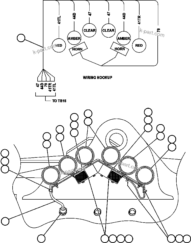 Komatsu parts book diagram for AFE47-BV 730E S/N A30229, A30231, A30236-A30237    CVG: REAR LIGHTS & BACKUP HORN INSTL