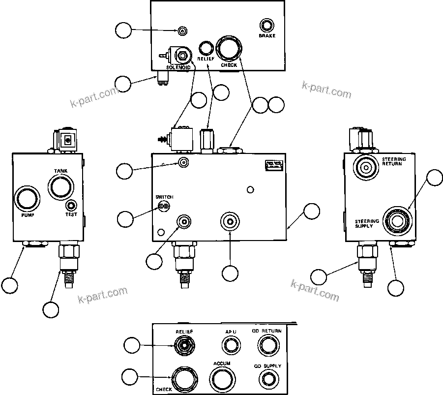 Komatsu parts book diagram for AFE47-BZ 730E  S/N A30246-A30256  HAMMERSLEY IRON: BLEEDDOWN MANIFOLD VALVE ASSM - 1 (PB9774)