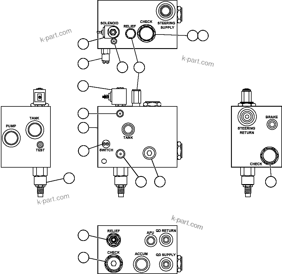 Komatsu parts book diagram for AFE47-DW 730E S/N A30410-A30411 & A30417               LOMAS BAYAS: BLEEDDOWN MANIFOLD VALVE ASSEMBLY (PC1842)