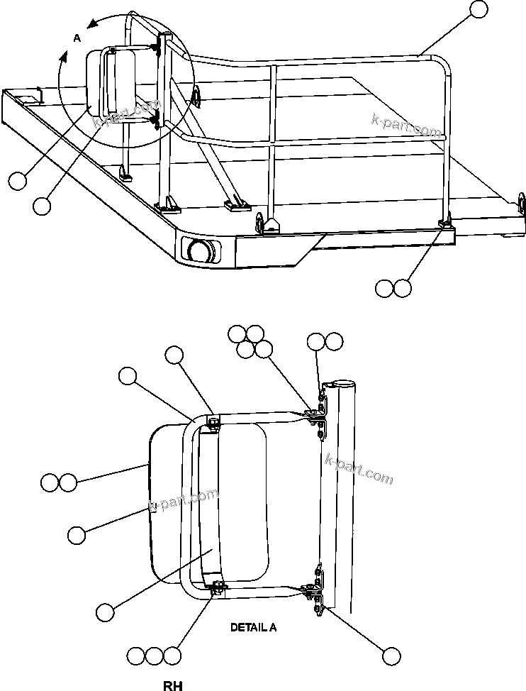 Komatsu parts book diagram for AFE47-EC 730E S/N A30434-A30436, A30438-A30439       KAL: R.H. DECK HANDRAILS & MIRROR