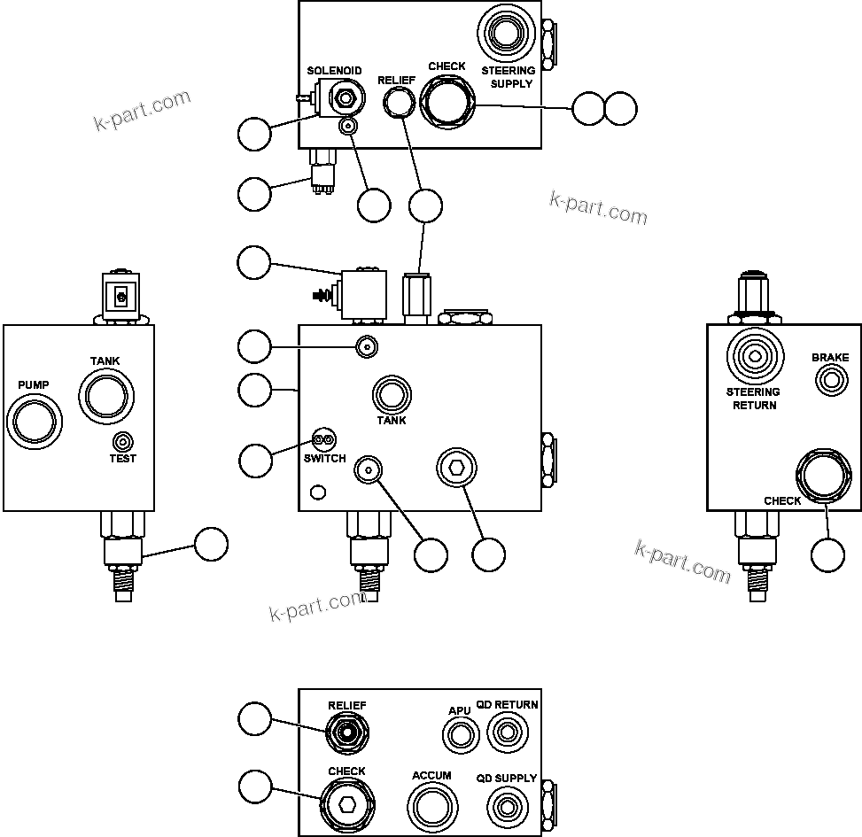 Komatsu parts book diagram for AFE47-EC 730E S/N A30434-A30436, A30438-A30439       KAL: BLEEDDOWN MANIFOLD VALVE ASSEMBLY (PC1842)