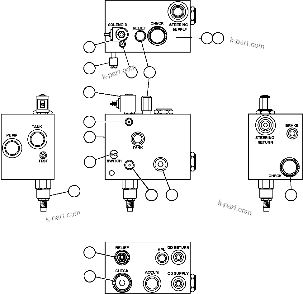 Komatsu parts book diagram for AFE47-EF 730E S/N A30445 & A30446   ORAPA MINE: BLEEDDOWN MANIFOLD VALVE ASSEMBLY (PC1842)