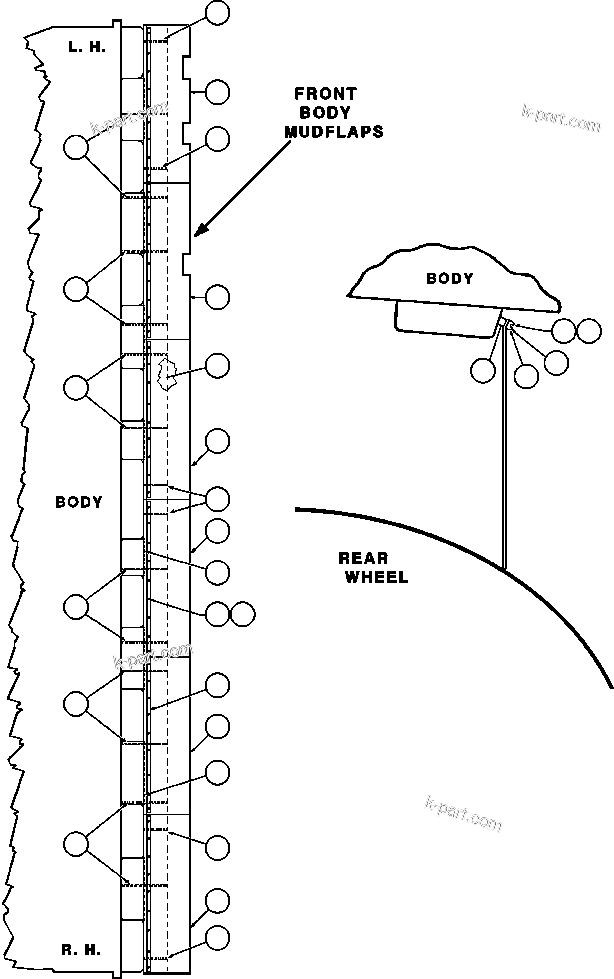 Komatsu parts book diagram for AFE47-EF 730E S/N A30445 & A30446   ORAPA MINE: MUD FLAP INSTALLATION - 1