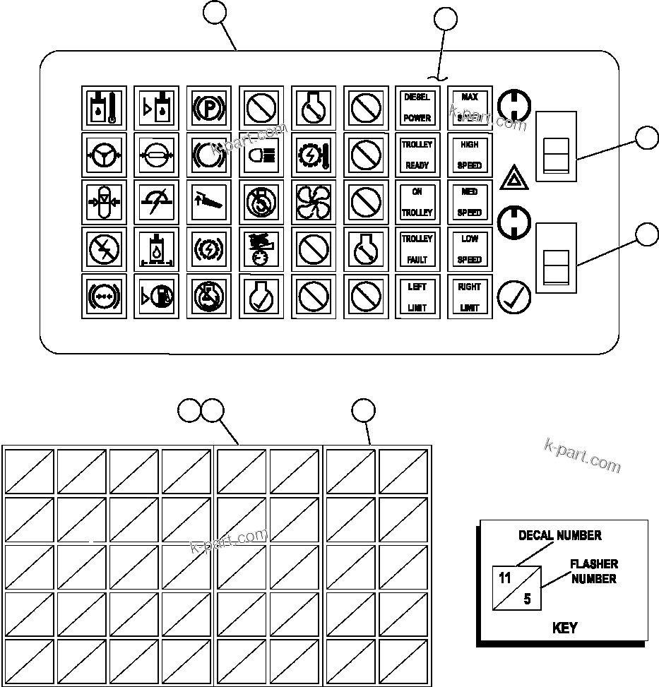 Komatsu parts book diagram for AFE47-FE 730E S/N A30512 - A30517    ROSSING URANIUM: WARNING LIGHTS MODULE (EJ9517)