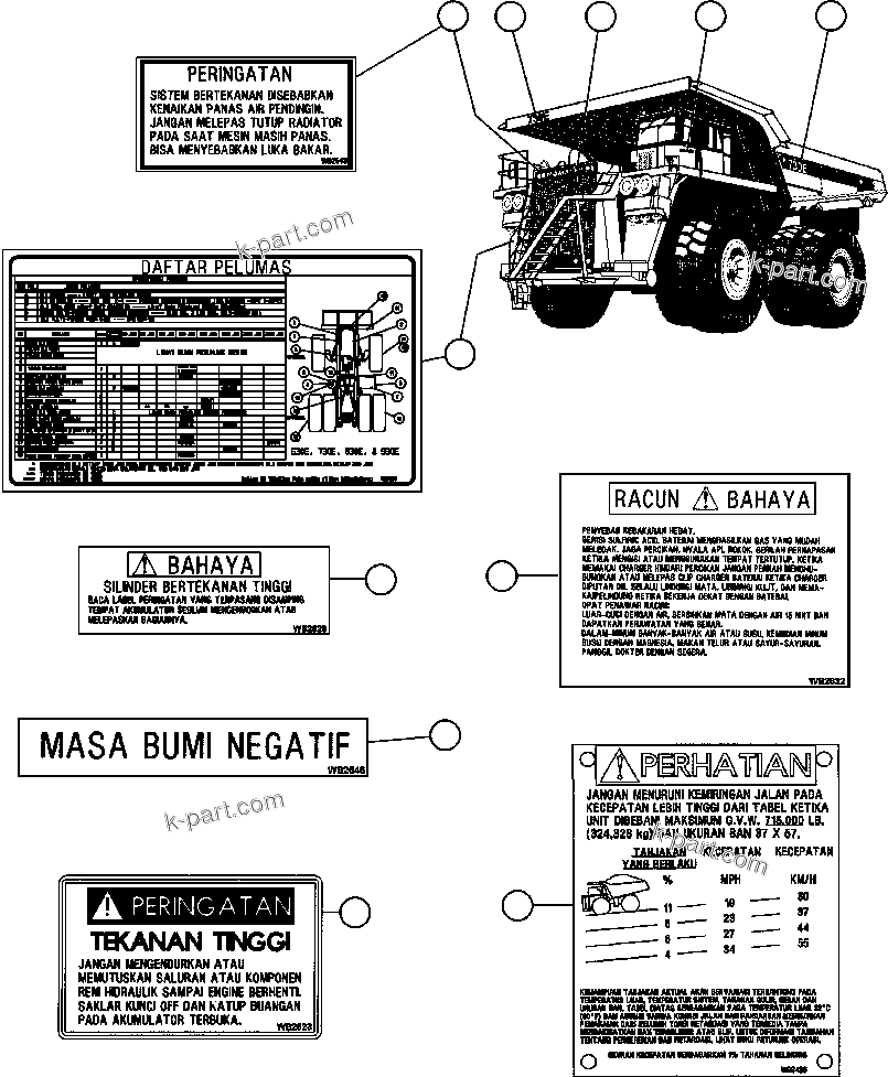 Komatsu parts book diagram for AFE47-FF 730E S/N A30518 - A30520 & A30523     DARMA HENWA: DECALS & WARNINGS - 1