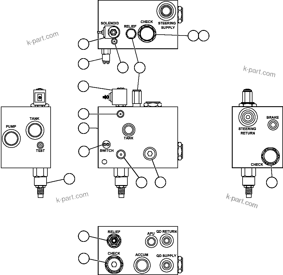 Komatsu parts book diagram for AFE47-FP 730E S/N A30541 - A30545 & A30550 - A30551      DARMA HENWA: BLEEDDOWN MANIFOLD VALVE ASSEMBLY (PC1842)