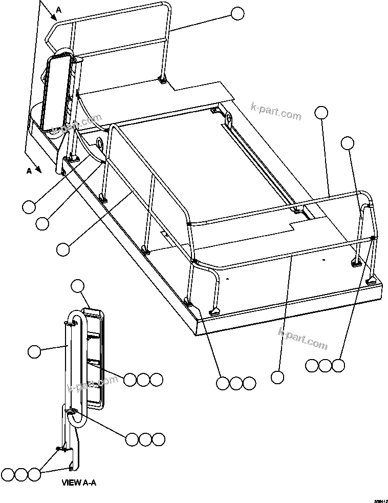 Komatsu parts book diagram for AFE47-GG 730E S/N A30600-A30601 & A30604-A30605    ROSSING (Trolley): LH DECK HANDRAILS & MIRROR