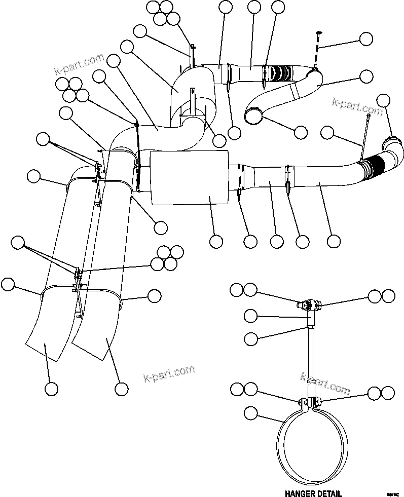 Komatsu parts book diagram for AFE47-GG 730E S/N A30600-A30601 & A30604-A30605    ROSSING (Trolley): EXHAUST PIPING