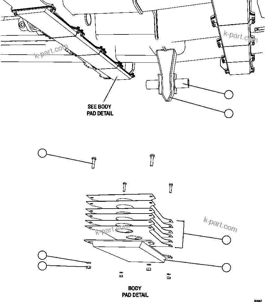 Komatsu parts book diagram for AFE47-GG 730E S/N A30600-A30601 & A30604-A30605    ROSSING (Trolley): BODY GUIDE & PADS