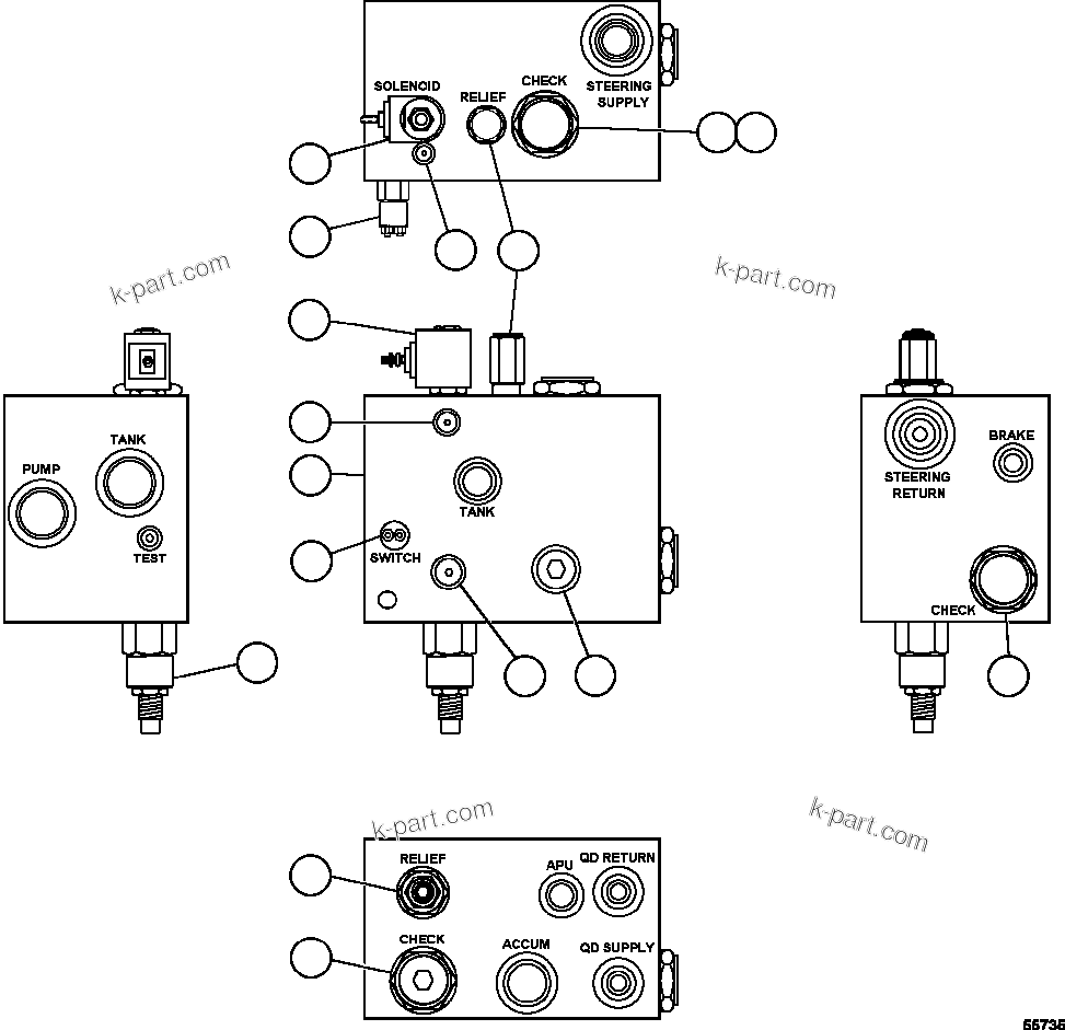 Komatsu parts book diagram for AFE47-GV 730E S/N A30648 - A30649   FOSKOR: BLEEDDOWN MANIFOLD VALVE ASSEMBLY      PC1842