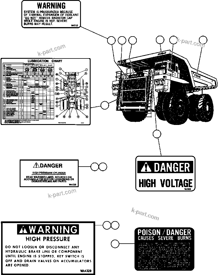 Komatsu parts book diagram for AFE47-Q 730E  S/N 32691  ROSSING URANIUM: DECAL & WARNINGS - 1