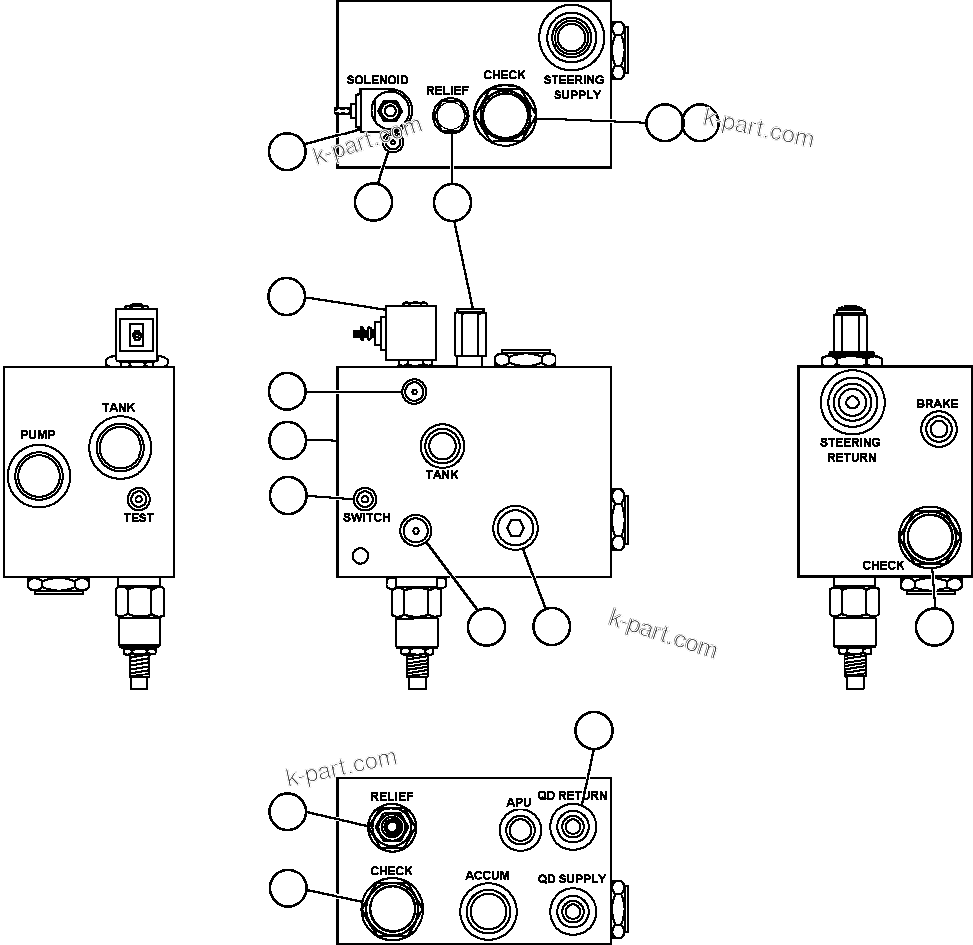 Komatsu parts book diagram for AFE48-AC  930E S/N A30076-A30078 & A30080 SYNCRUDE: BLEEDDOWN MANIFOLD VALVE ASSM (PC0235)