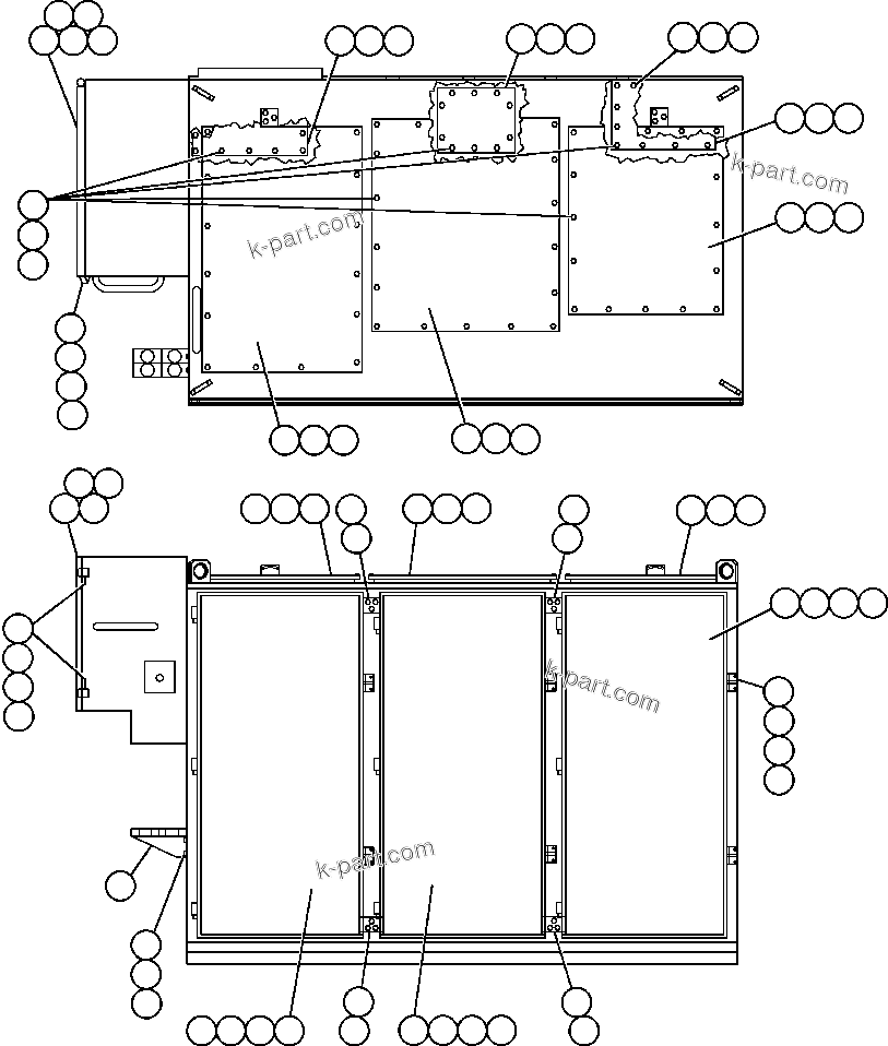 Komatsu parts book diagram for AFE48-CK 930E-2 S/N A30225 JACOB'S RANCH: CONTROL CABINET (FRONT & TOP VIEW) (PC0712)