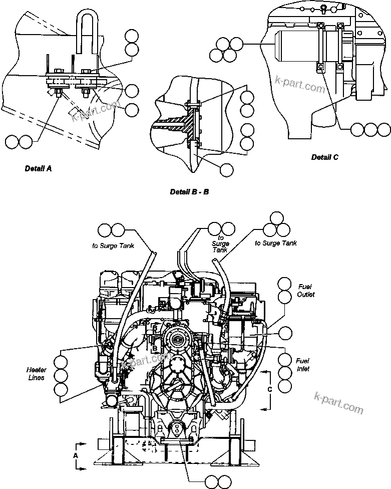 Komatsu parts book diagram for AFE48-F  930E S/N 32674 PIPELINE: ENGINE & COMPONENTS INSTL (FRONT VIEW)