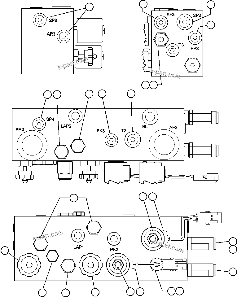 Komatsu parts book diagram for AFE50-AG 830E S/N A30641 ANTELOPE COAL: BRAKE MANIFOLD - TWO CIRCUIT (PC0080)