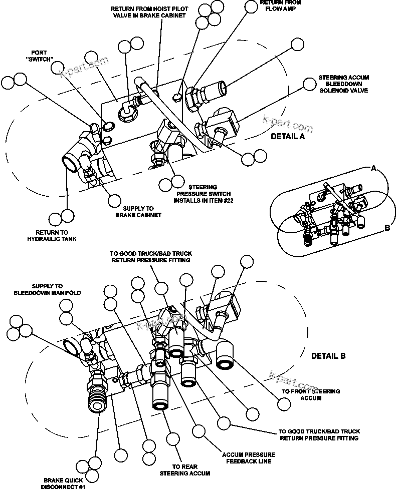 Komatsu parts book diagram for AFE50-CE 830E S/N A30811-A30814   EPSA: BLEEDDOWN MANIFOLD PIPING