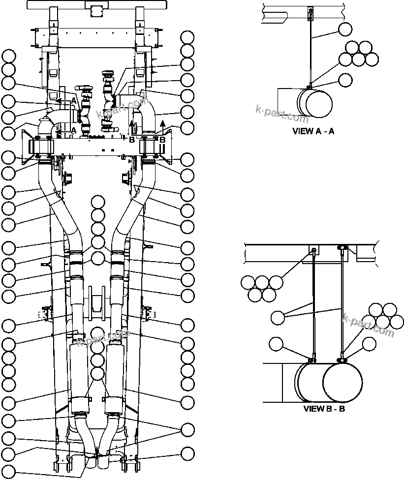 Komatsu parts book diagram for AFE50-CP 830E S/N A30842-A30844              ANTELOPE COAL: EXHAUST PIPING - MUFFLERS BETWEEN THE RAILS
