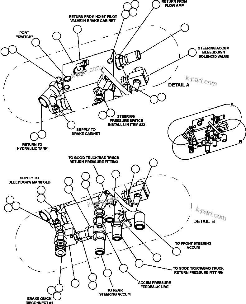 Komatsu parts book diagram for AFE50-CZ 830E S/N A30886    I.O.C.C.: BLEEDDOWN MANIFOLD PIPING
