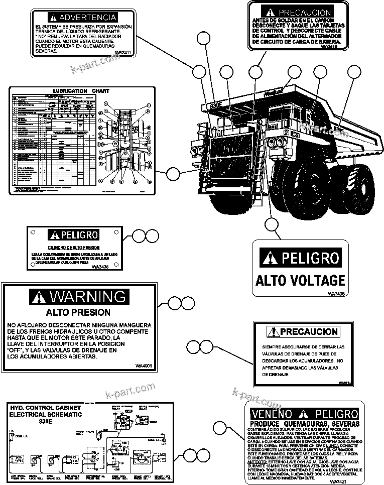 Komatsu parts book diagram for AFE50-G/H 830E S/N A30570-A30573, A30575-A30583 & A30586-A30588 LOS PELAMBRES: DECALS & WARNINGS (SPANISH) - 1