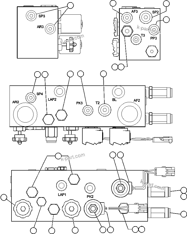 Komatsu parts book diagram for AFE50-G/H 830E S/N A30570-A30573, A30575-A30583 & A30586-A30588 LOS PELAMBRES: BRAKE MANIFOLD - TWO CIRCUIT (PC0080)