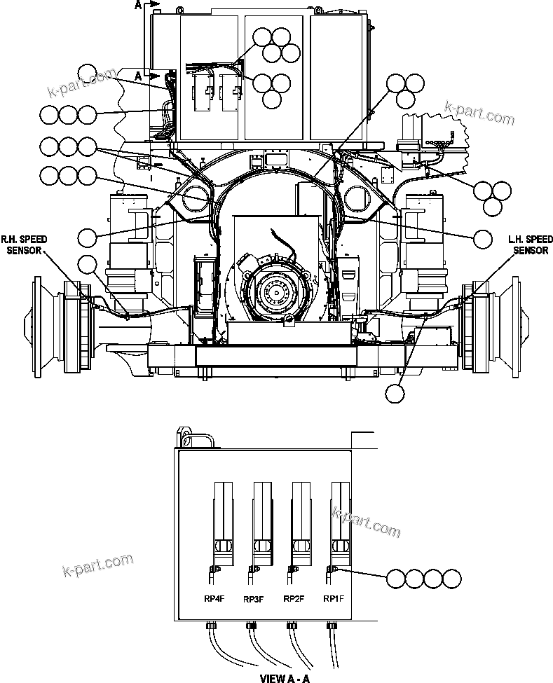 Komatsu parts book diagram for AFE52-AB 930E-3 S/N A30387-A30388 & A30391 & A30393 & A30397-A30398 & A30401 CHUQUICAMATA: POWER CABLE ROUTING (FRONT VIEW)