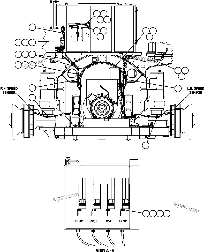 Komatsu parts book diagram for AFE52-J 930E-3 S/N A30336-A30340  KLEMKE: POWER CABLE ROUTING (FRONT VIEW)