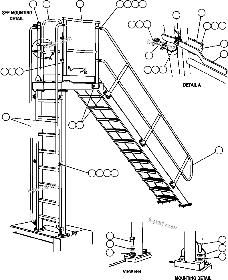 Komatsu parts book diagram for AFE57-AM 830E-1AC S/N A30162, A30163, A30165 - A30167, A30170 - A30173     MACARTHUR: R.H. & DIAGONAL LADDER HANDRAILS