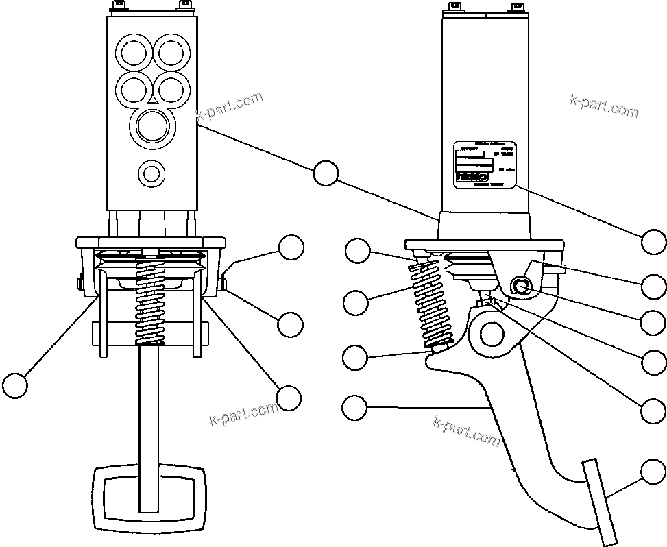 Komatsu parts book diagram for AFE57-AM 830E-1AC S/N A30162, A30163, A30165 - A30167, A30170 - A30173     MACARTHUR: BRAKE VALVE PEDAL ASSEMBLY (PC2025)