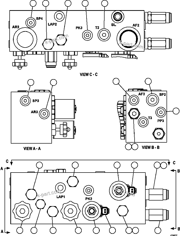 Komatsu parts book diagram for AFE57-AM 830E-1AC S/N A30162, A30163, A30165 - A30167, A30170 - A30173     MACARTHUR: BRAKE MANIFOLD - TWO CIRCUIT (PC1995)