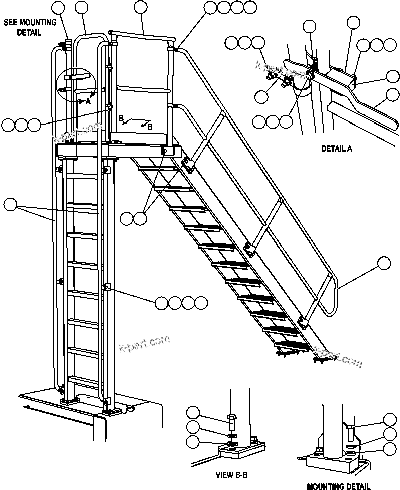 Komatsu parts book diagram for AFE57-AT 830E-1AC S/N A30182, A30186-A30187, A30191-A30193      CARDINAL RIVER / NORTH AMERICAN CONSTRUCTION: R.H. & DIAGONAL LADDER HANDRAILS