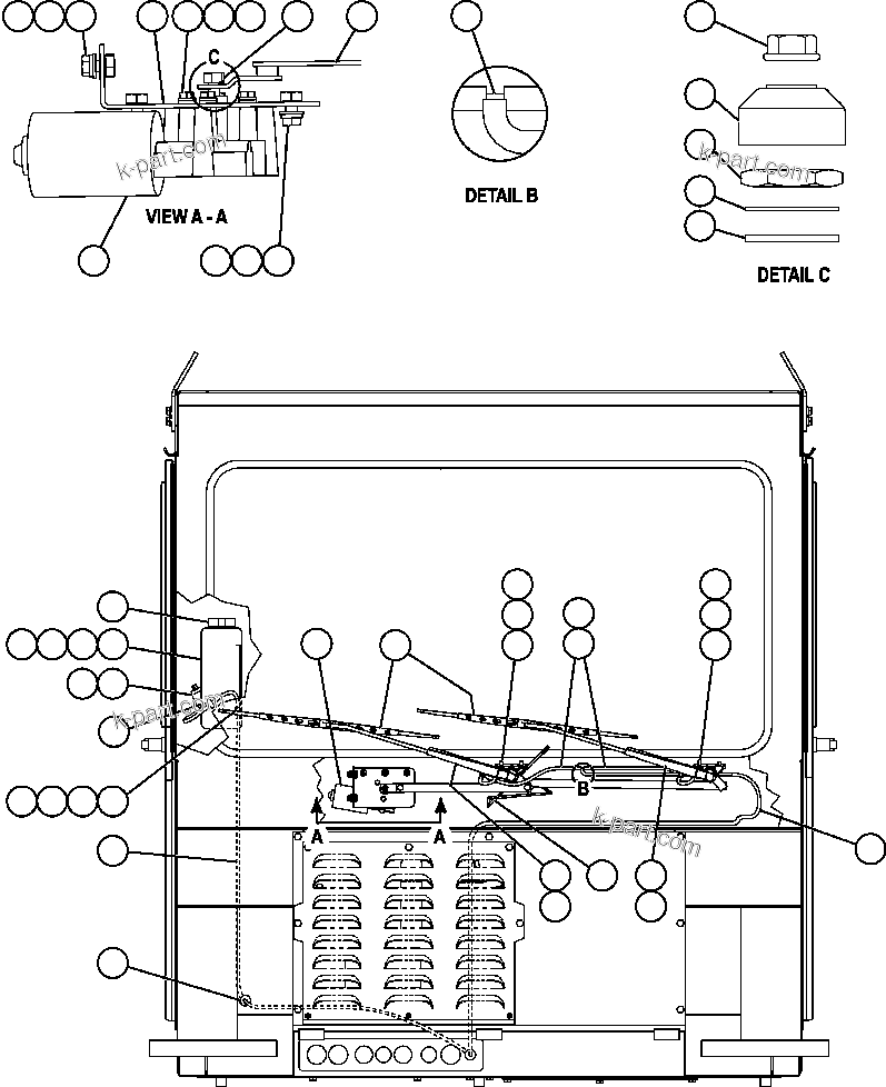 Komatsu parts book diagram for AFE57-AT 830E-1AC S/N A30182, A30186-A30187, A30191-A30193      CARDINAL RIVER / NORTH AMERICAN CONSTRUCTION: WINDSHIELD WIPER/WASHER INSTALLATION